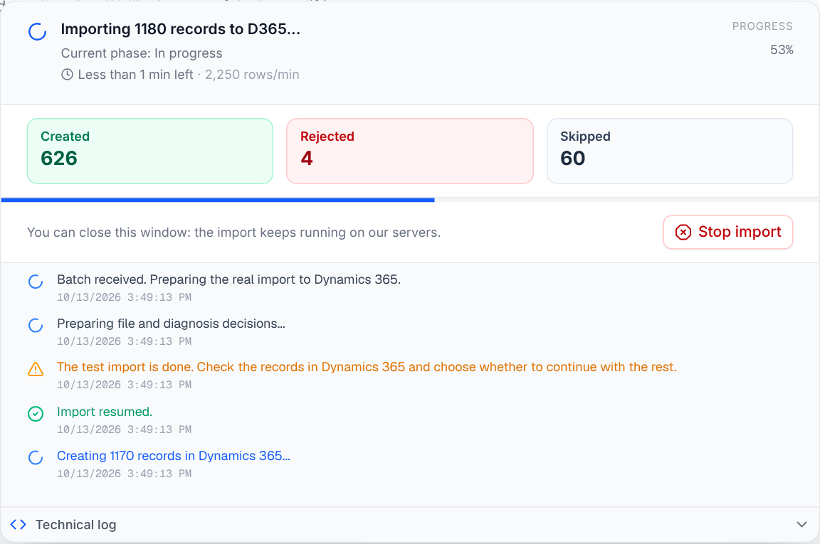 Import in progress with estimated time and the test import log