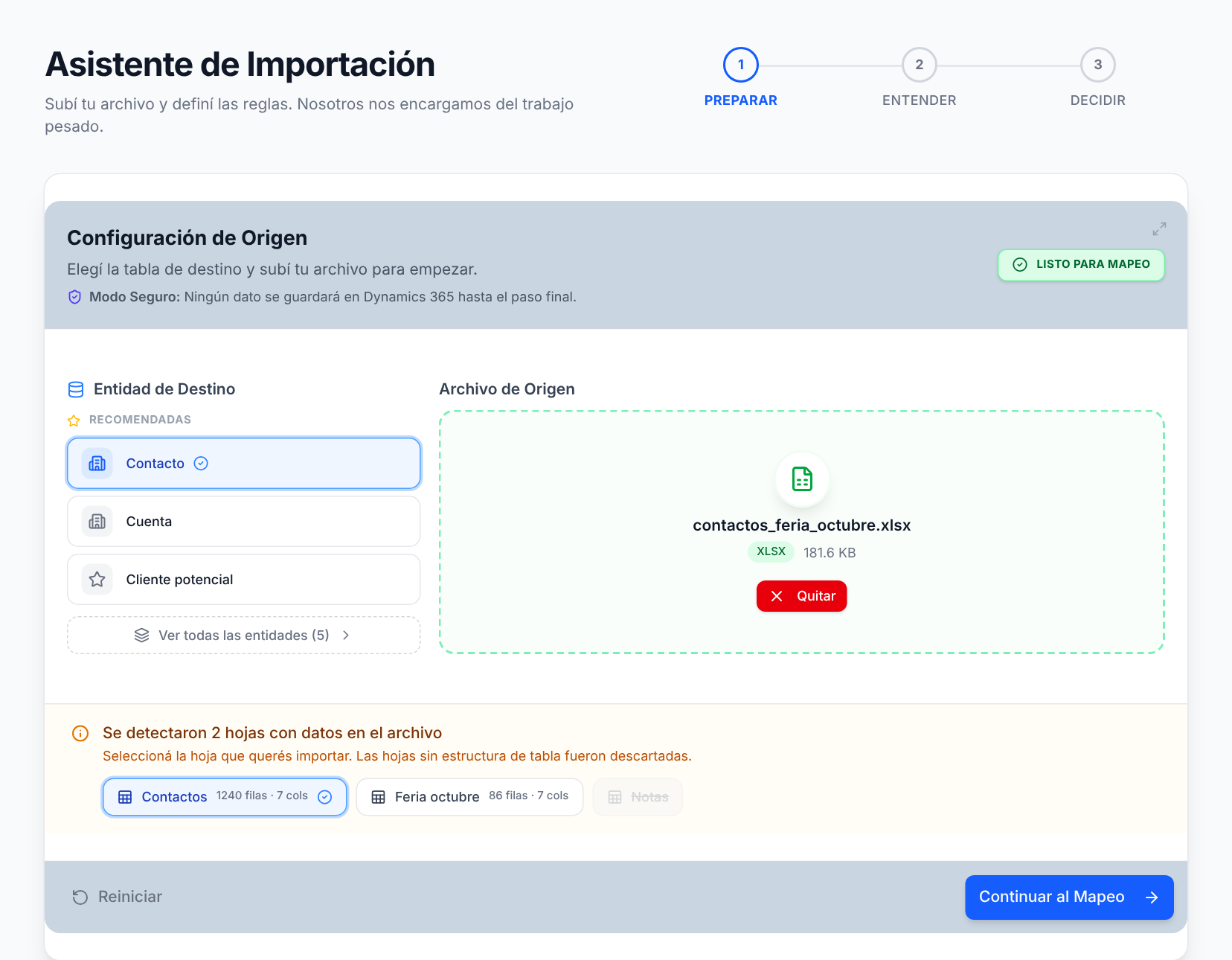 Carga de archivo y selección de entidad