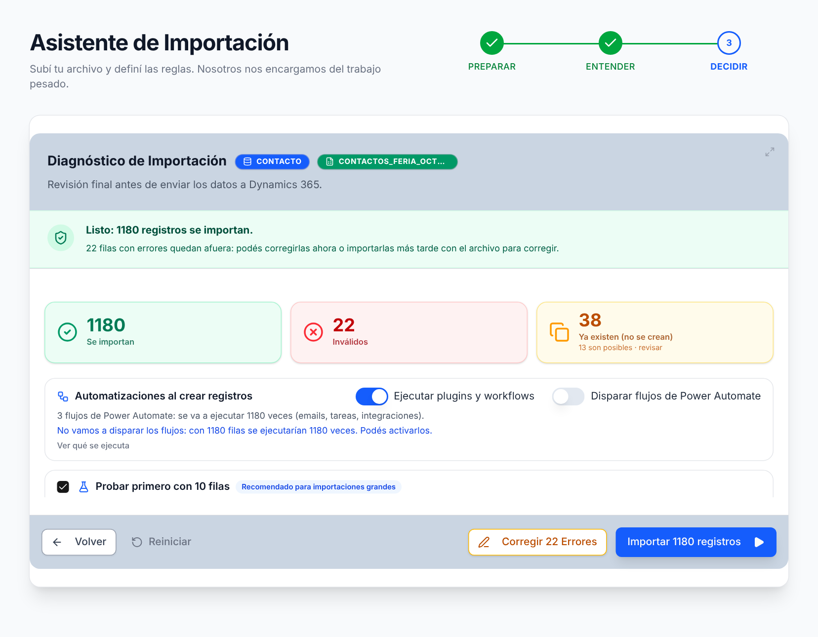 Diagnóstico con inválidos y duplicados por fila