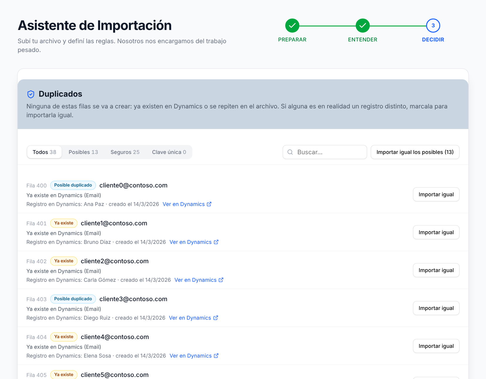 Revisión de posibles duplicados contra Dynamics 365